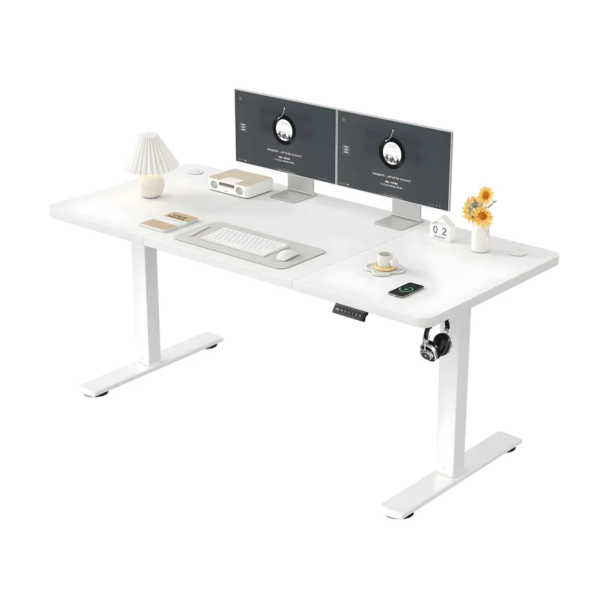 Bureau Malo, Plateau blanc, réglage électrique · H 73-118 cm