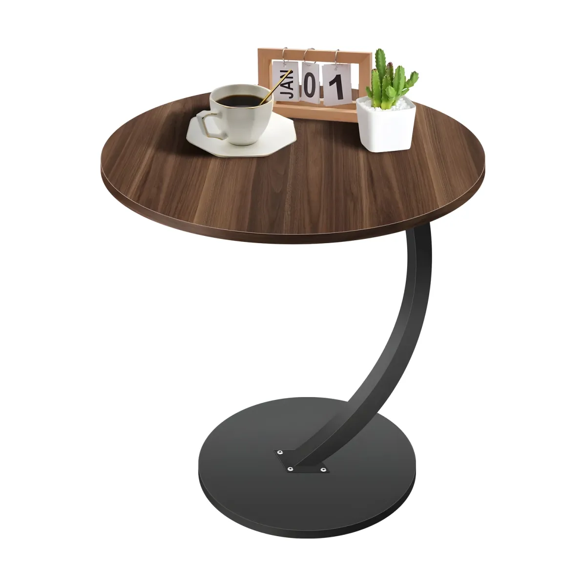 Table d'appoint Cléo, Plateau brun bois, structure acier en C · Ø 40 cm