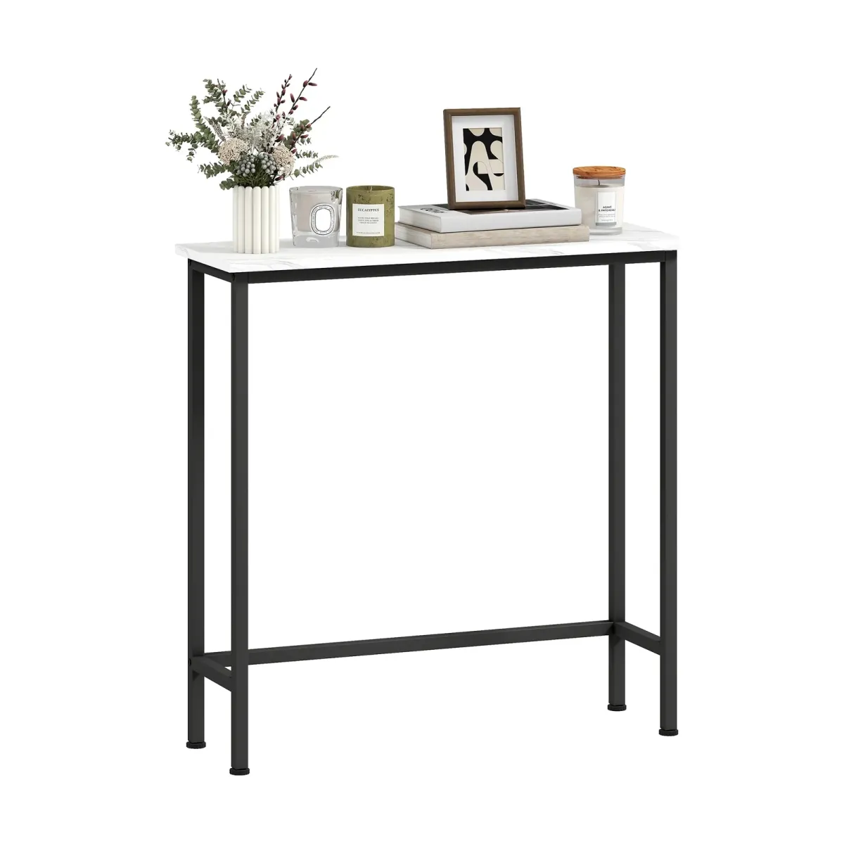Console Inès, Effet marbre blanc, métal noir · P 24 cm