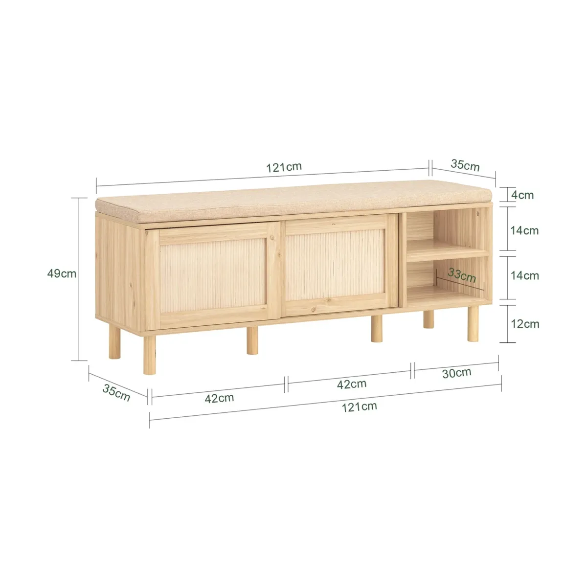 Banc Faye, MDF et bambou, coussin beige · L 121 cm