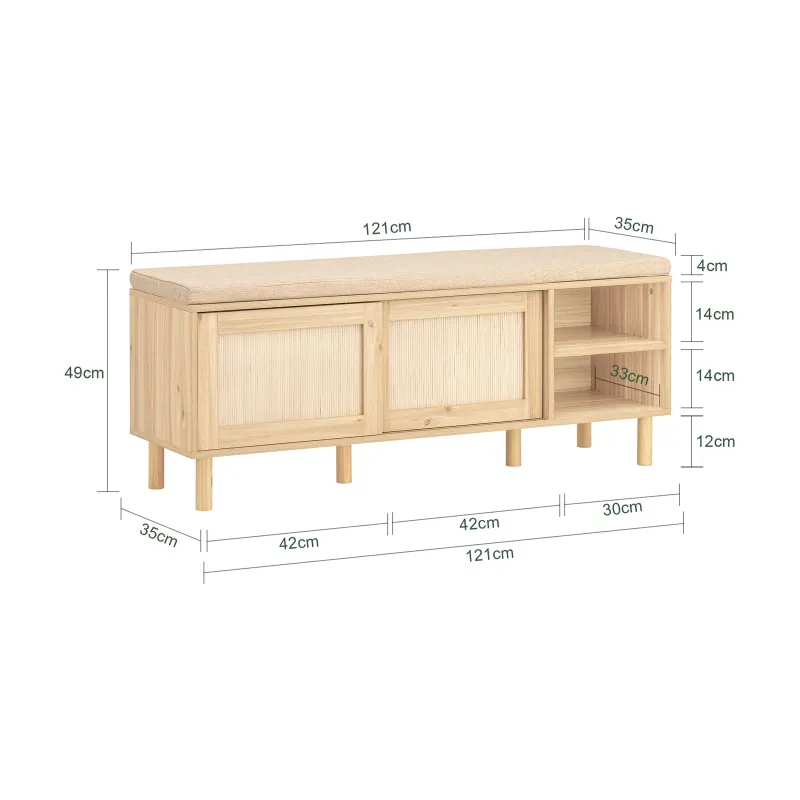 Banc Faye, mdf et bambou, coussin beige