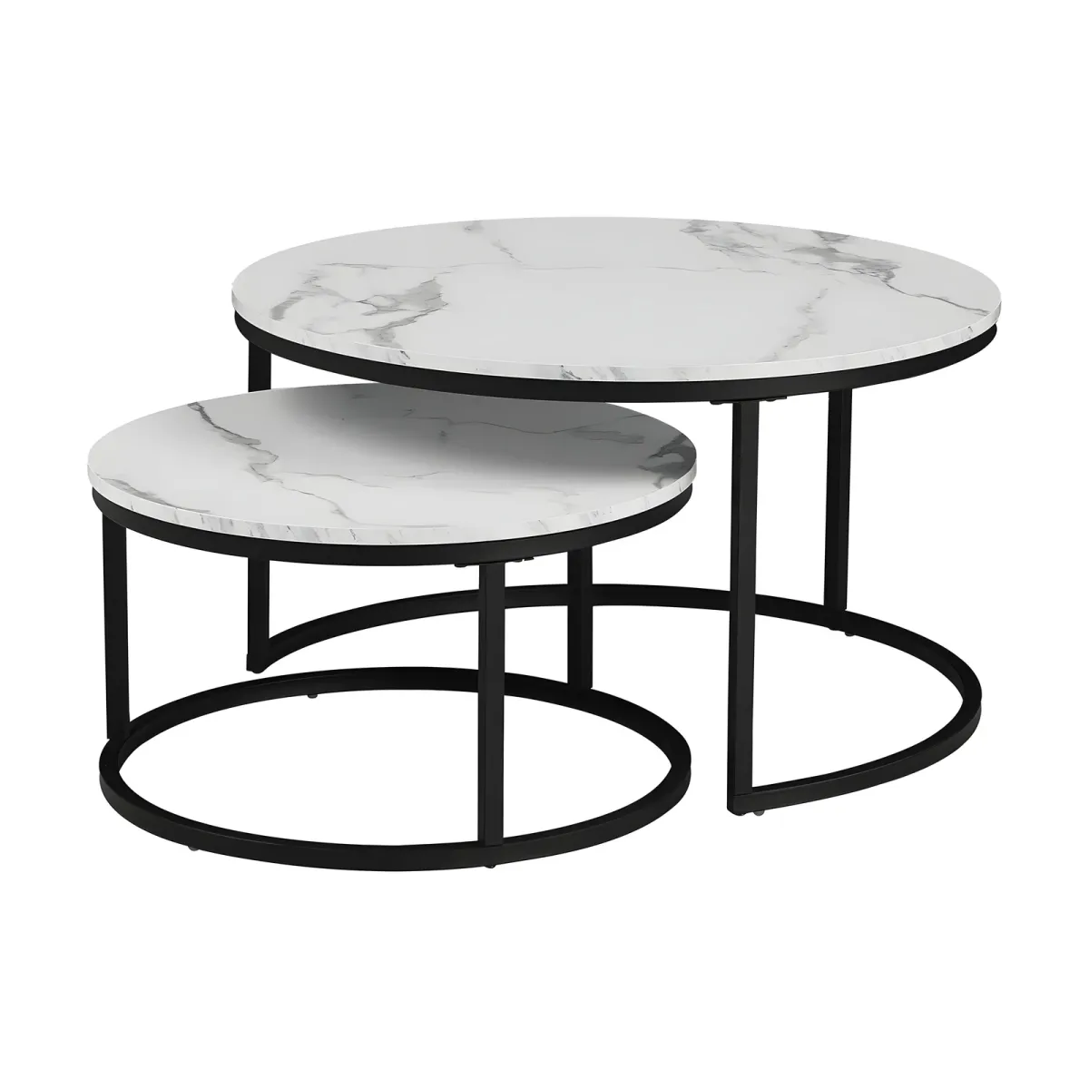 Tables gigognes Nour, Effet marbre blanc, métal noir · Ø 60 ou 80 cm