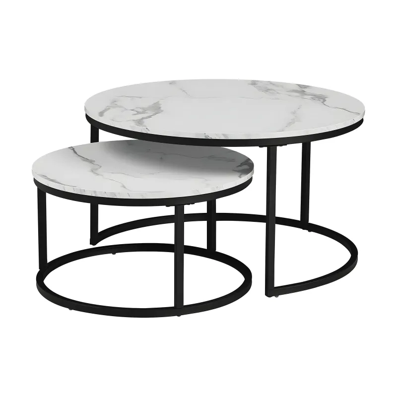 Tables gigognes Nour, effet marbre blanc, métal noir