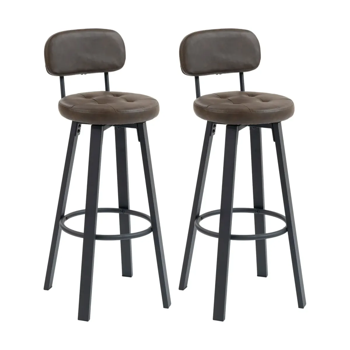 Tabourets de bar Teo, Similicuir café, métal noir · Assise H 76,5 cm
