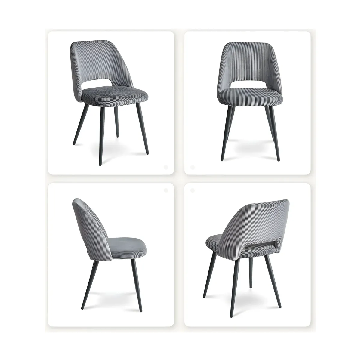 Chaises Kira, lot de 4, Lot de 4 · Velours côtelé gris, pieds métal noir · H 80,5 cm · lot de 4